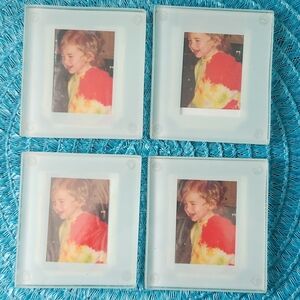 Prrime Set of 4 Glass Photo Coasters With Dark Brown Wooden Holder